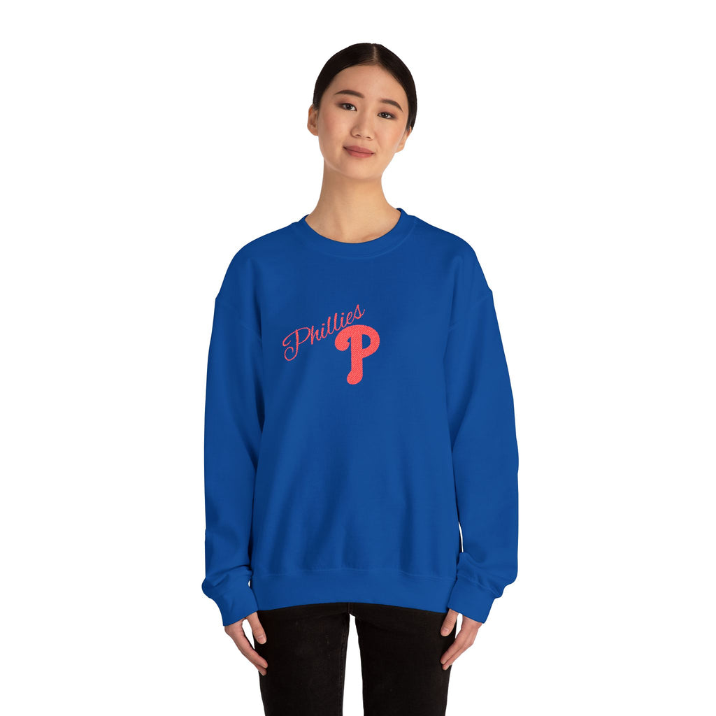 Phillies P Crewneck Sweatshirt — Red Script Logo Baseball Fan Pullover