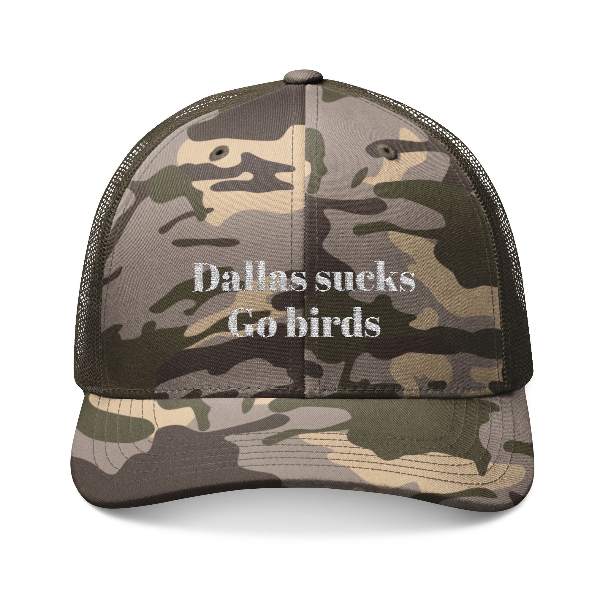Camouflage Trucker Hat — Embroidered "Dallas Sucks Go Birds" Cap