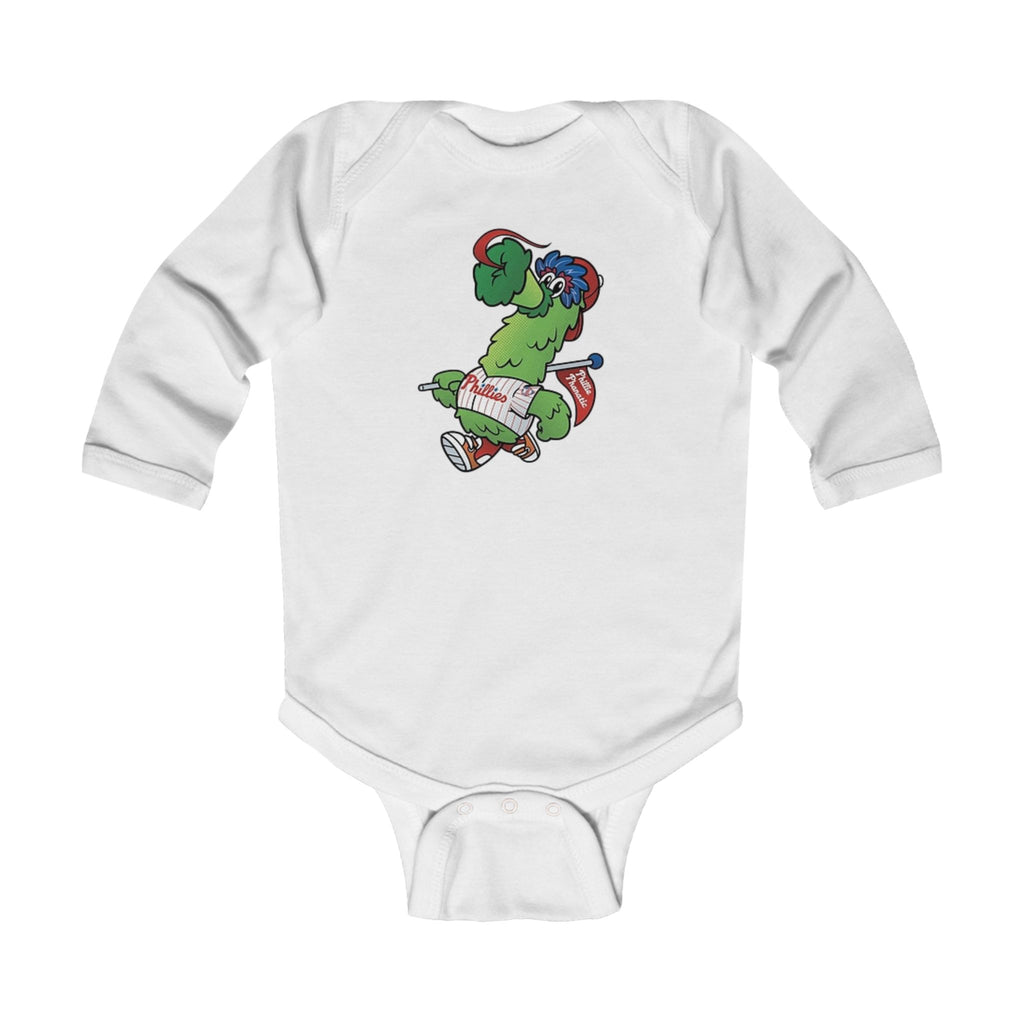 Baby Phillies Bodysuit — Cute Skateboarding Dinosaur Graphic Infant Long Sleeve Onesie