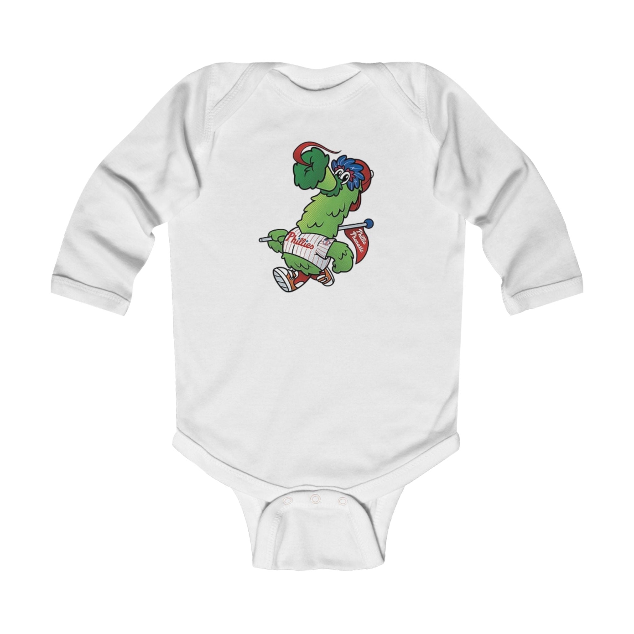 Baby Phillies Bodysuit — Cute Skateboarding Dinosaur Graphic Infant Long Sleeve Onesie
