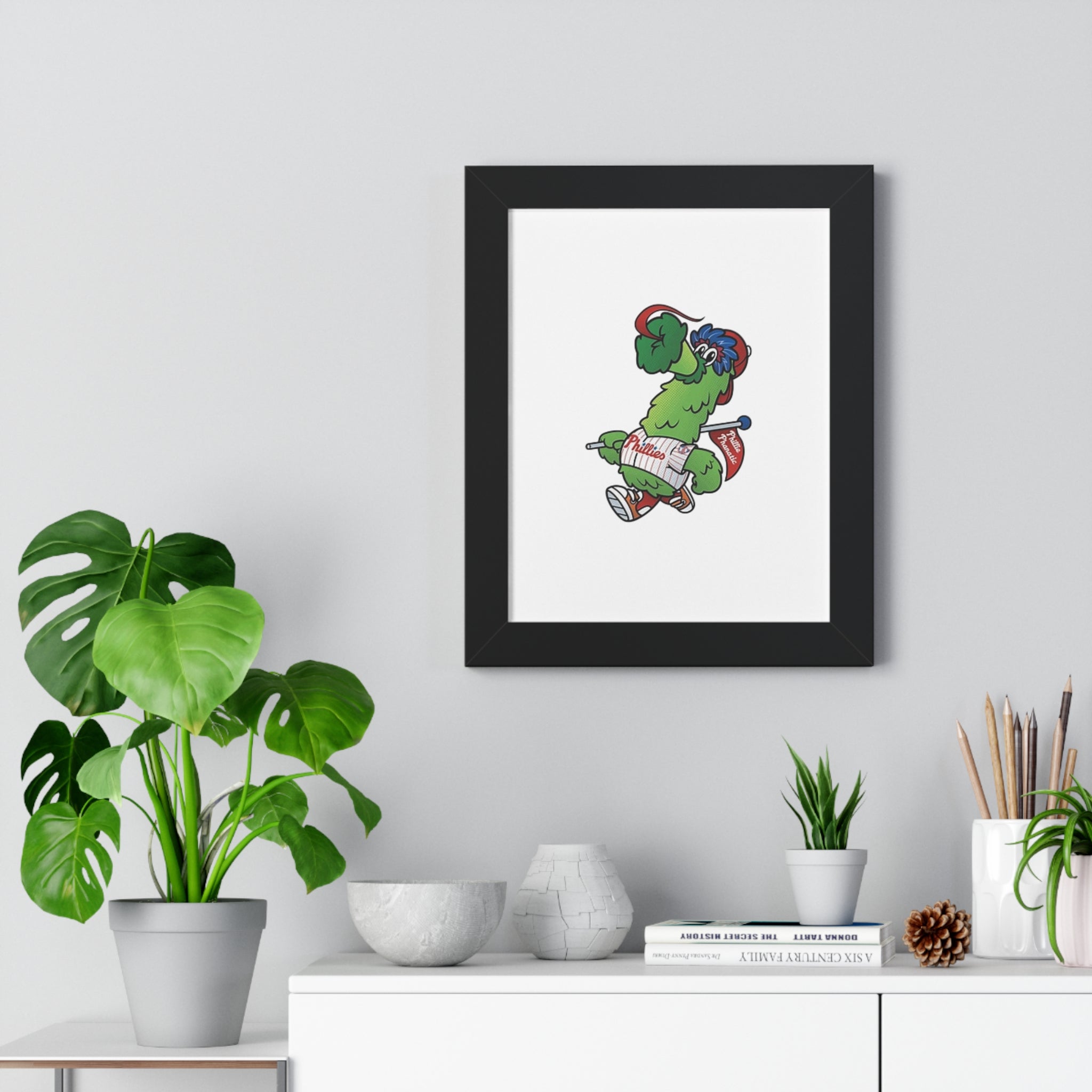 Philly fans Framed Poster — Playful Green Mascot Illustration (Vertical)