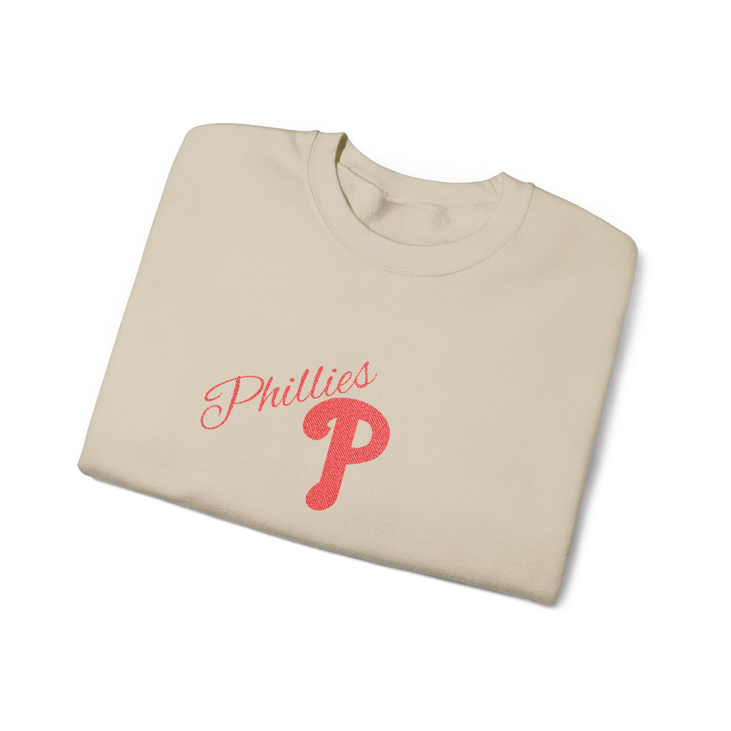 Phillies P Crewneck Sweatshirt — Red Script Logo Baseball Fan Pullover