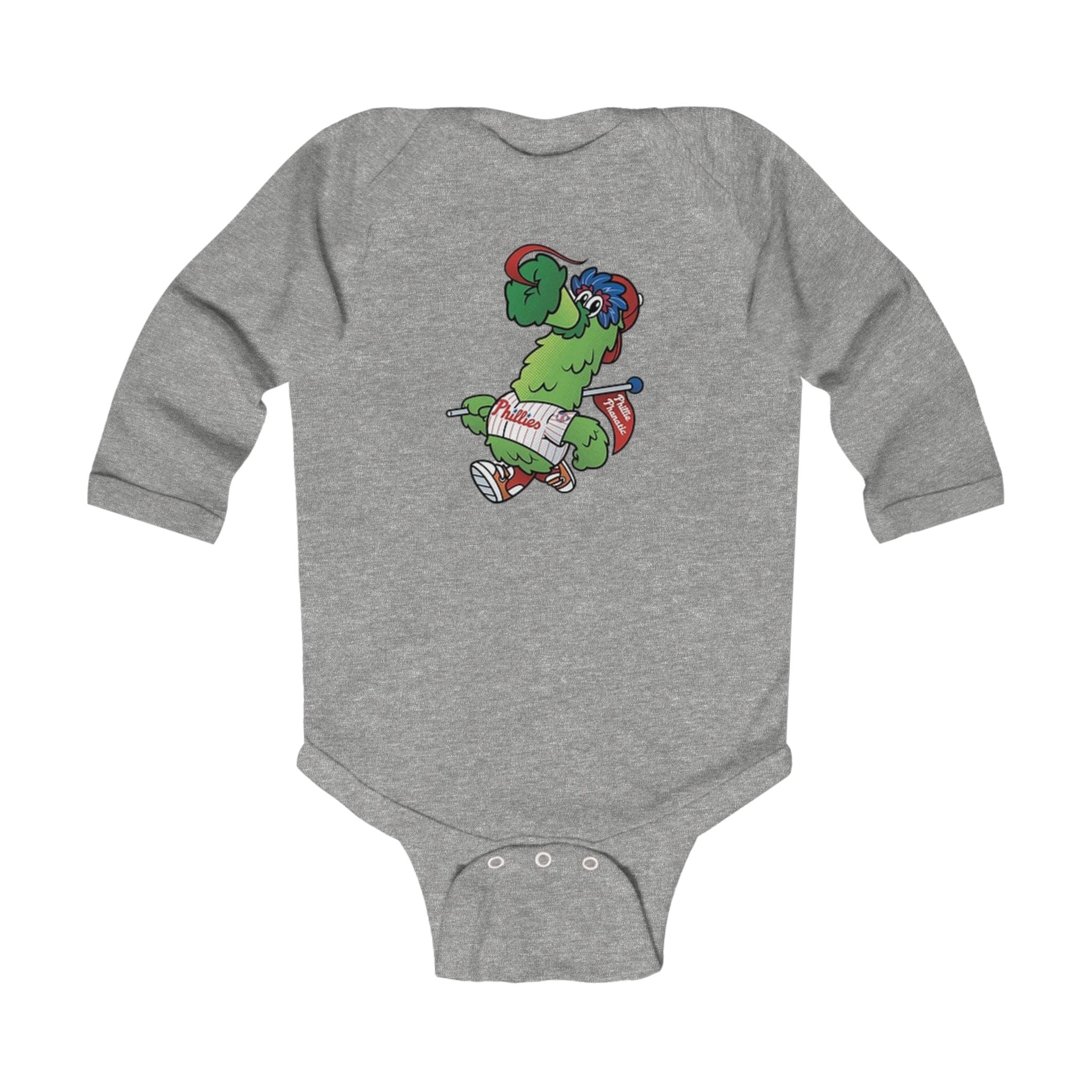 Baby Phillies Bodysuit — Cute Skateboarding Dinosaur Graphic Infant Long Sleeve Onesie