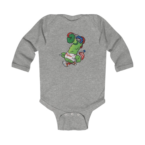 Baby Phillies Bodysuit — Cute Skateboarding Dinosaur Graphic Infant Long Sleeve Onesie