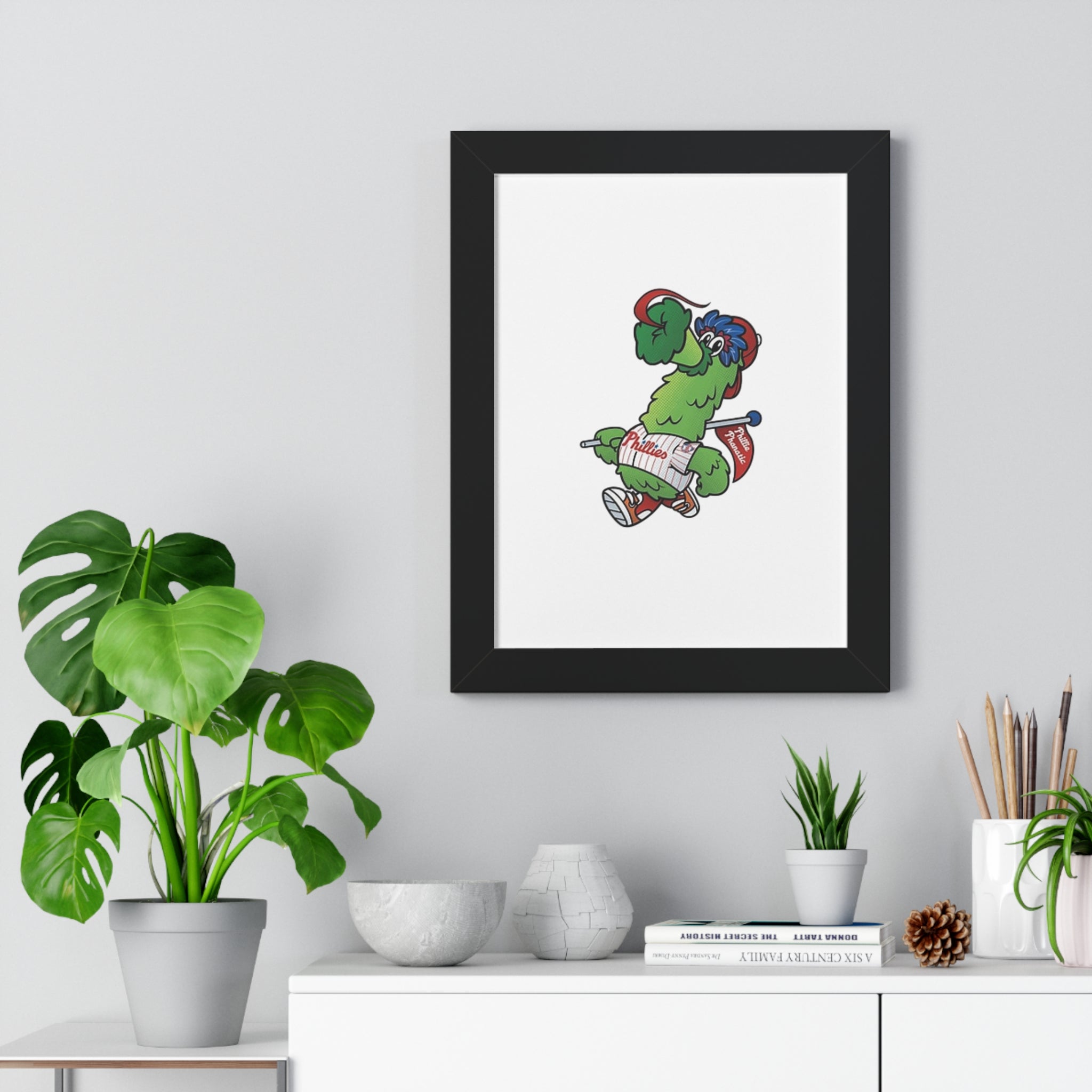 Philly fans Framed Poster — Playful Green Mascot Illustration (Vertical)