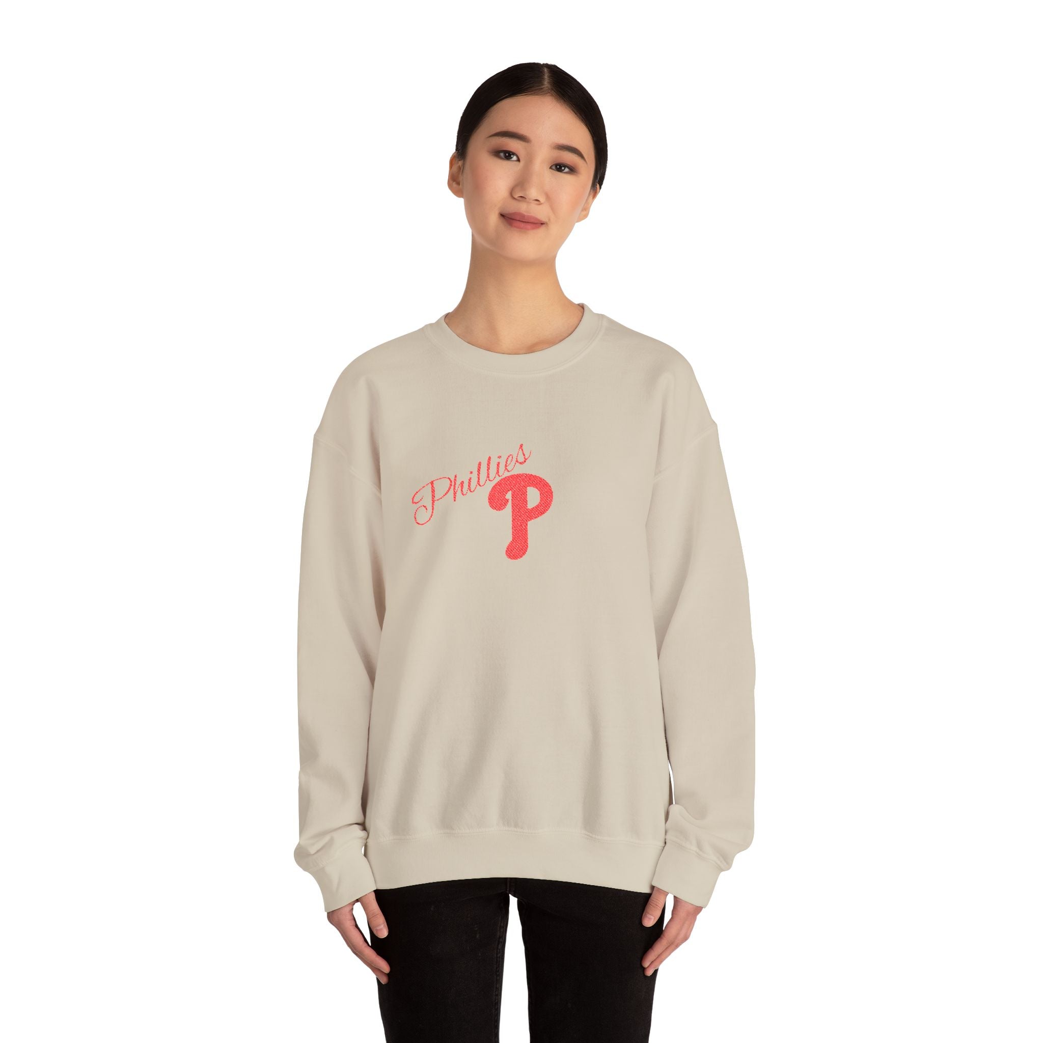 Phillies P Crewneck Sweatshirt — Red Script Logo Baseball Fan Pullover