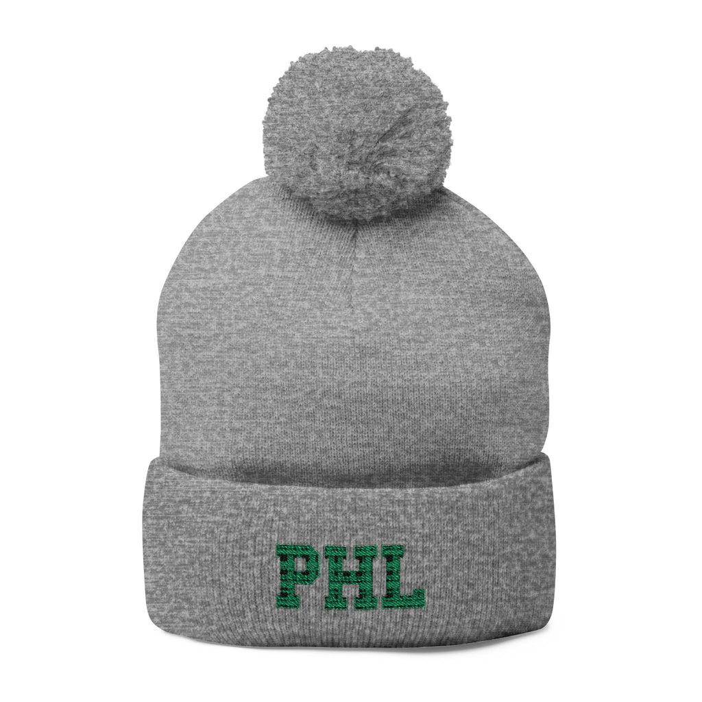 PHL Embroidered Pom-Pom Knit Cap — Cozy Gray Beanie for Sports Fans & Winter Wear