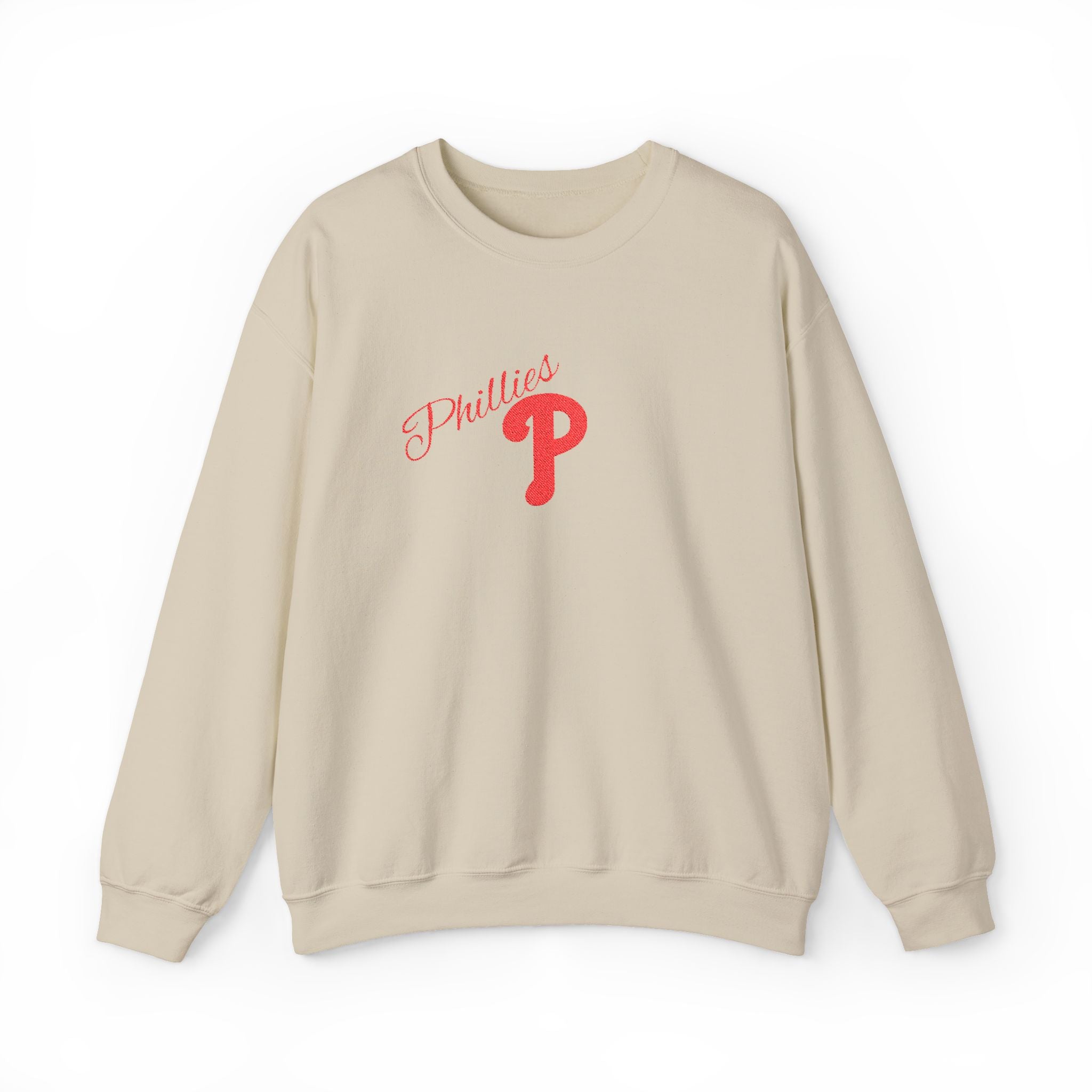Phillies P Crewneck Sweatshirt — Red Script Logo Baseball Fan Pullover