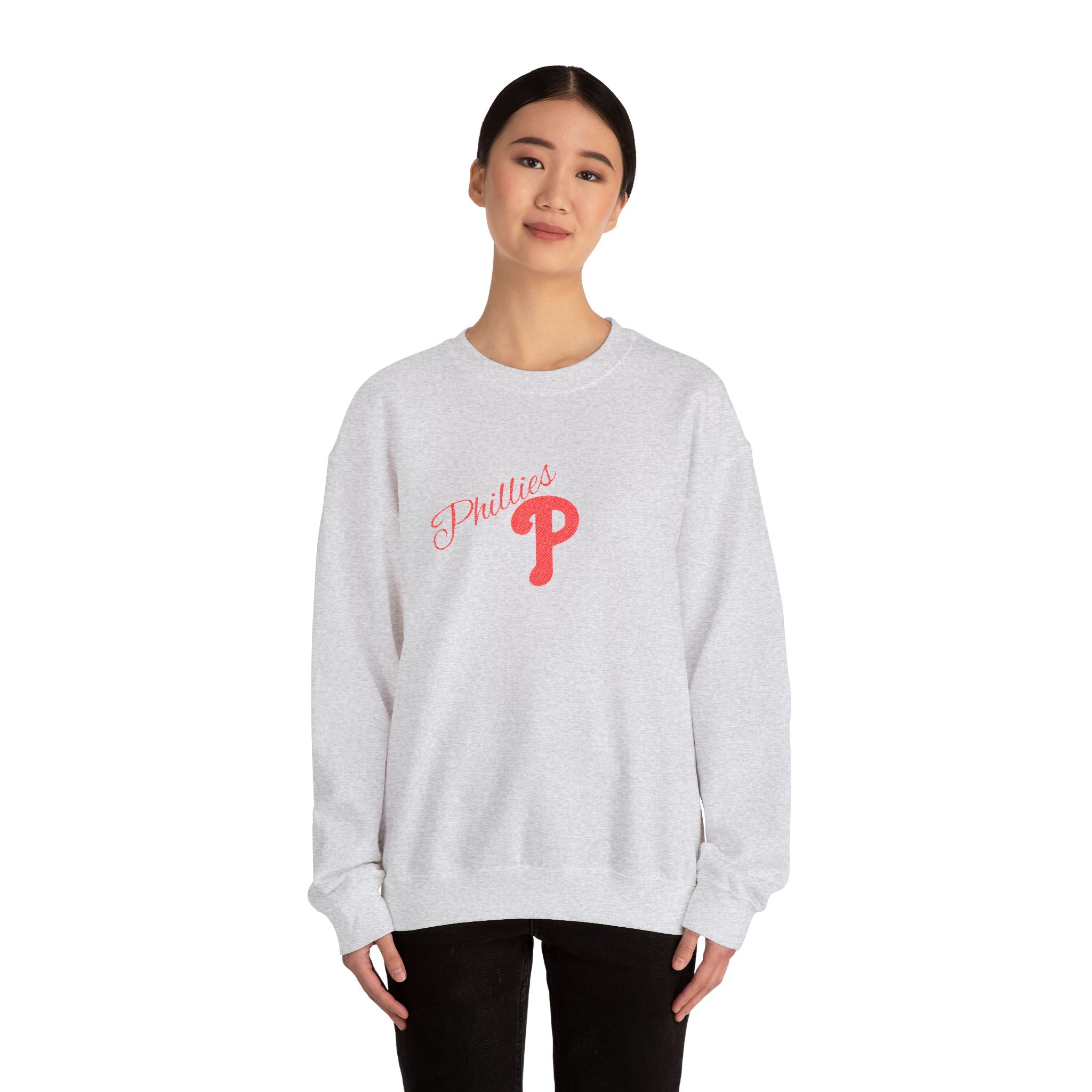 Phillies P Crewneck Sweatshirt — Red Script Logo Baseball Fan Pullover