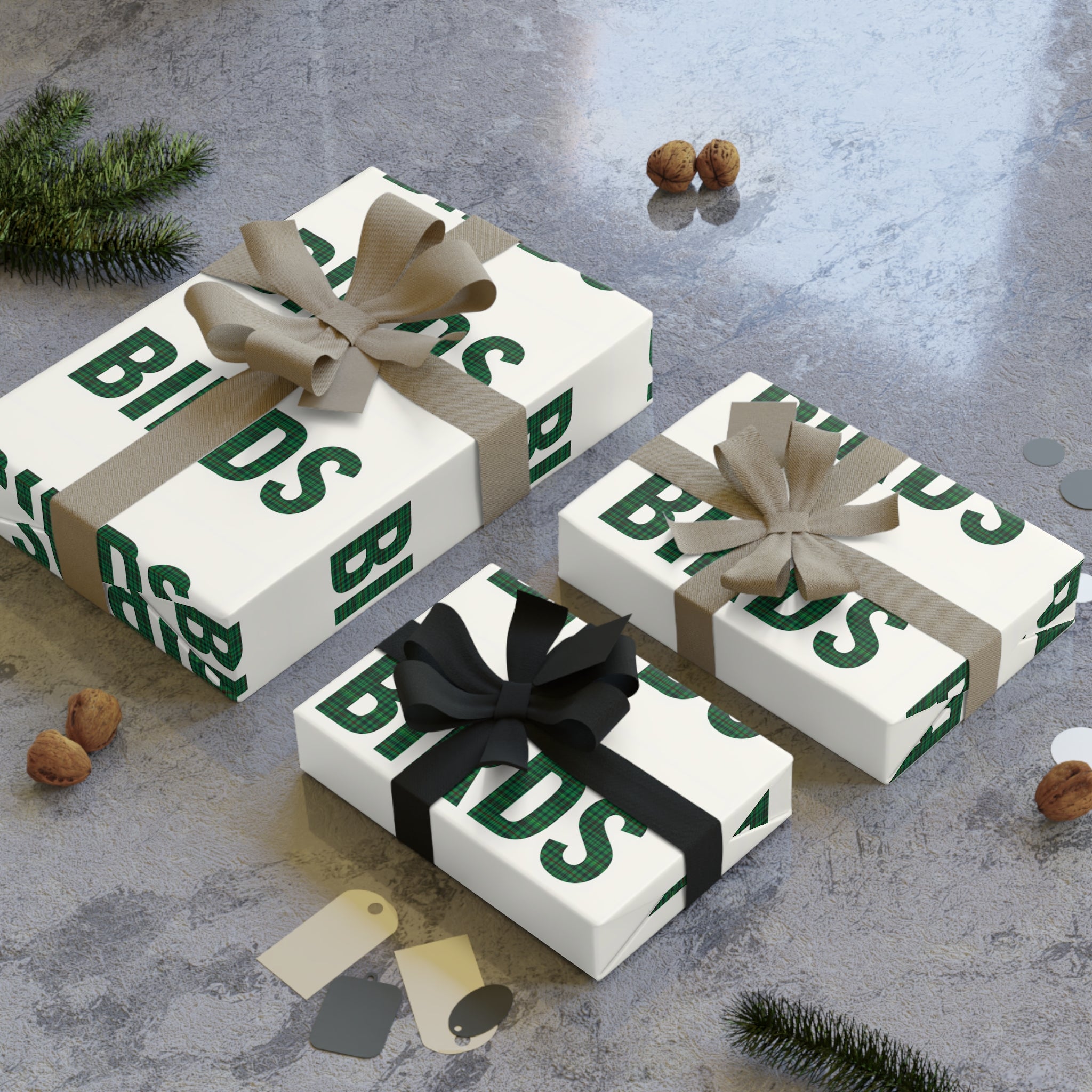 Birds Pattern Wrapping Paper Roll — Green "BIRDS" Typography Gift Wrap