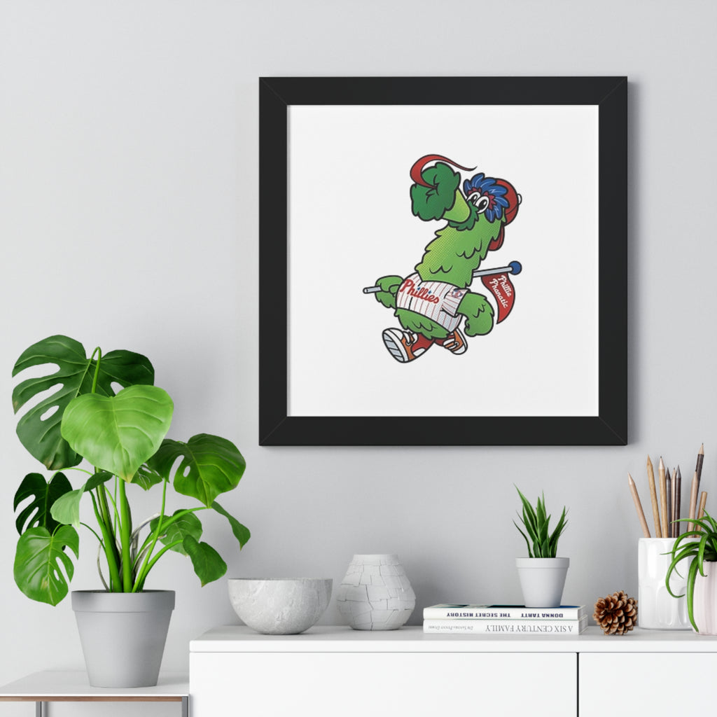 Philly fans Framed Poster — Playful Green Mascot Illustration (Vertical)