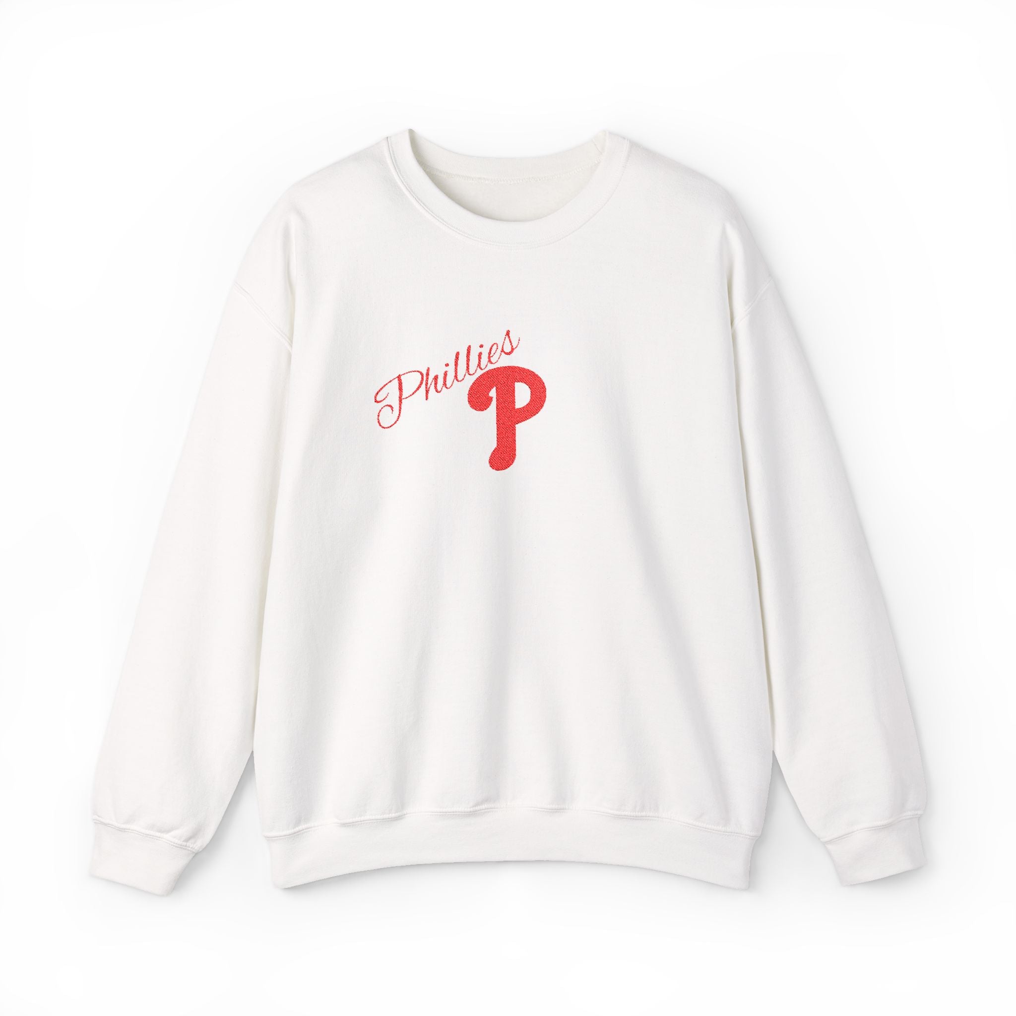 Phillies P Crewneck Sweatshirt — Red Script Logo Baseball Fan Pullover