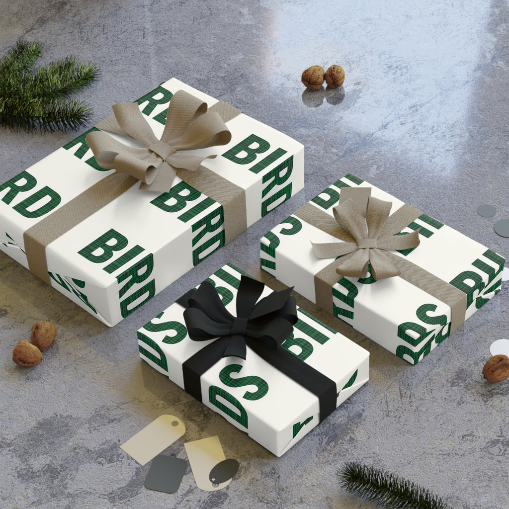 Birds Pattern Wrapping Paper Roll — Green "BIRDS" Typography Gift Wrap