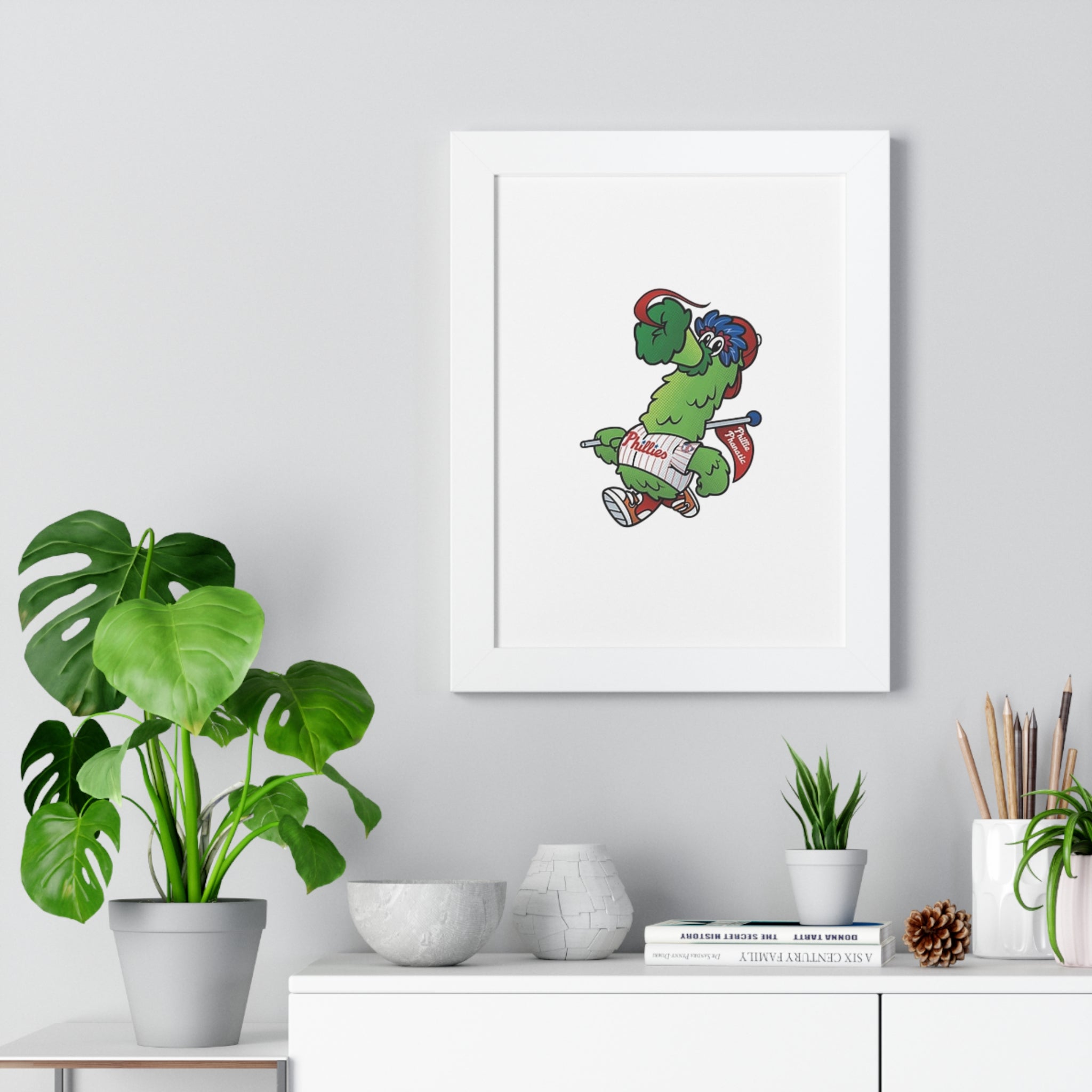 Philly fans Framed Poster — Playful Green Mascot Illustration (Vertical)