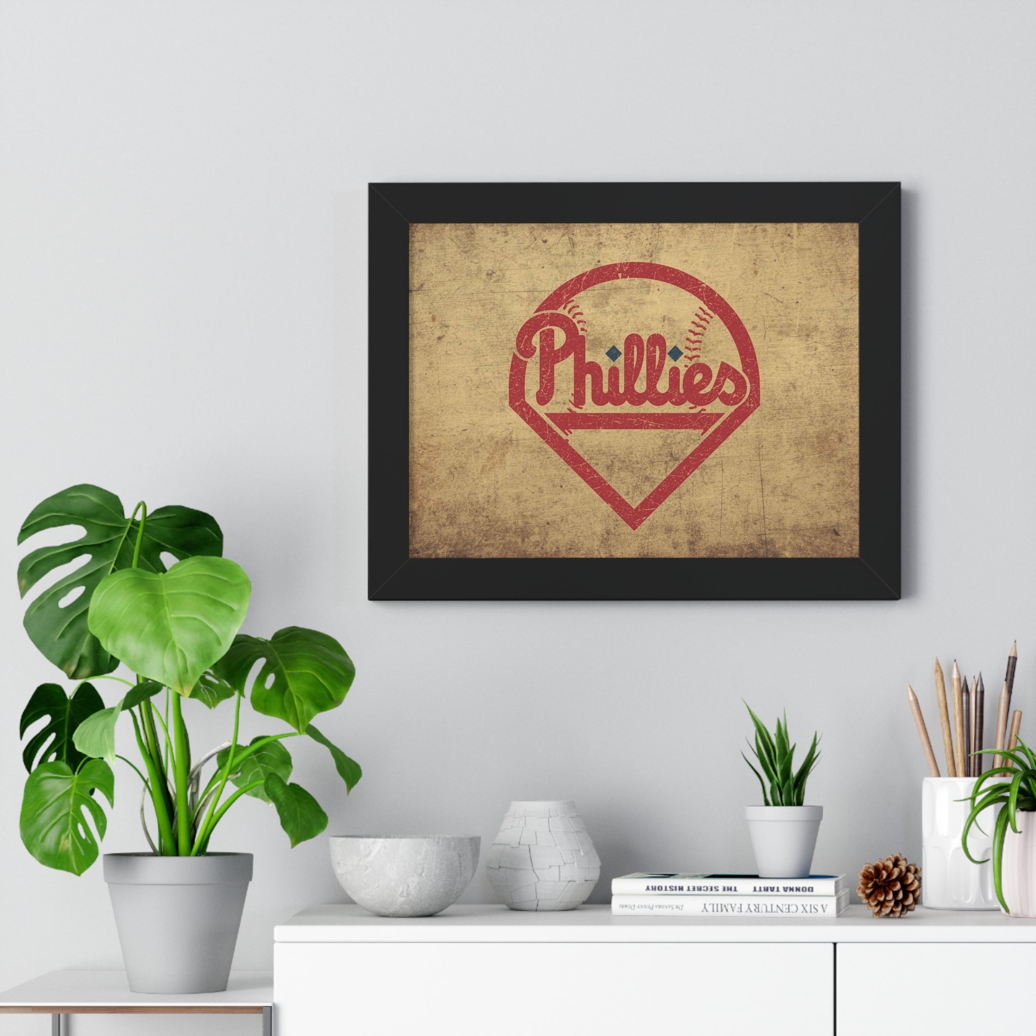 Phils Vintage Framed Poster — Retro Baseball Home Plate Wall Art