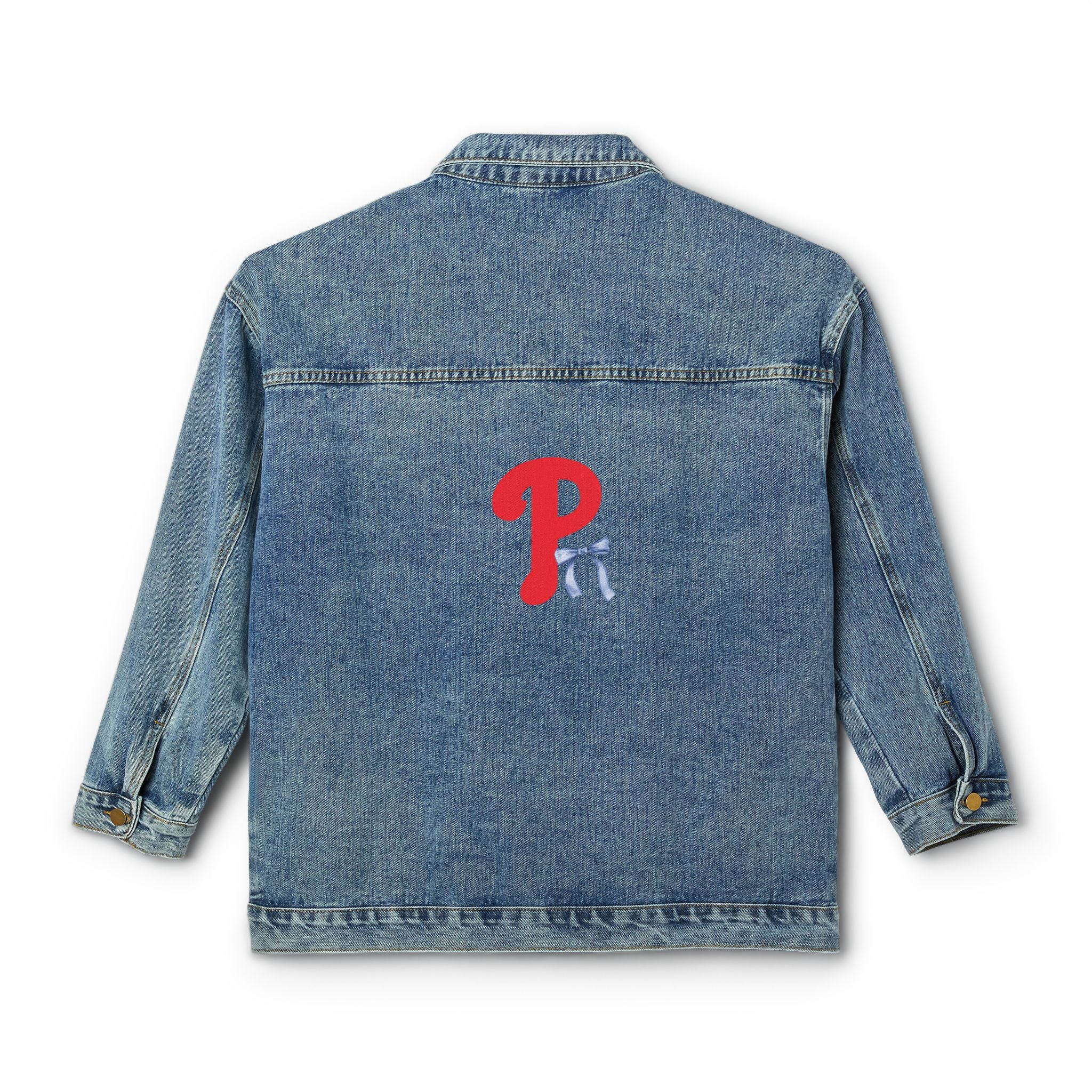 Women's Phils Denim Jacket — Red 'P' Back Logo and blue bow Casual Trucker Jacket