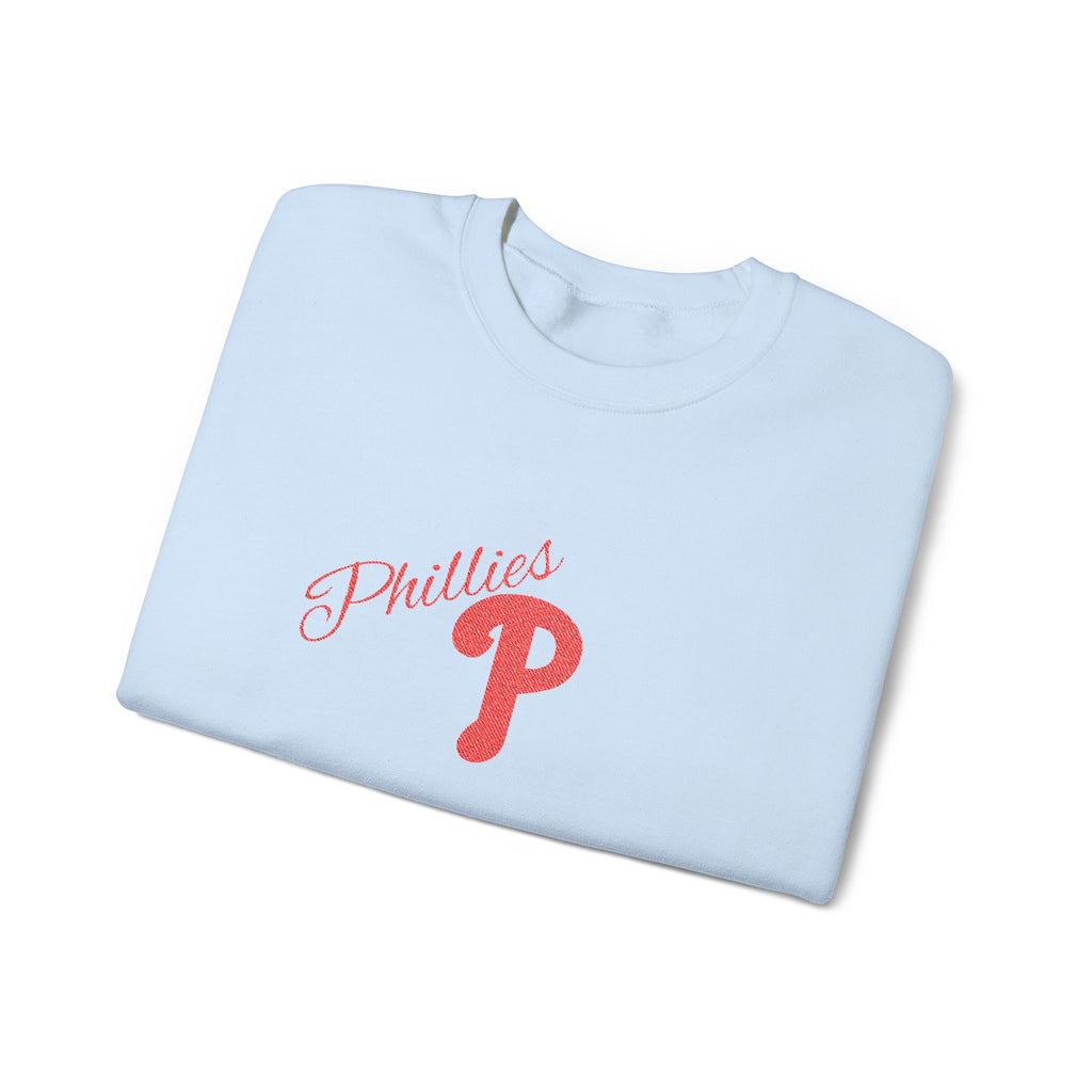 Phillies P Crewneck Sweatshirt — Red Script Logo Baseball Fan Pullover
