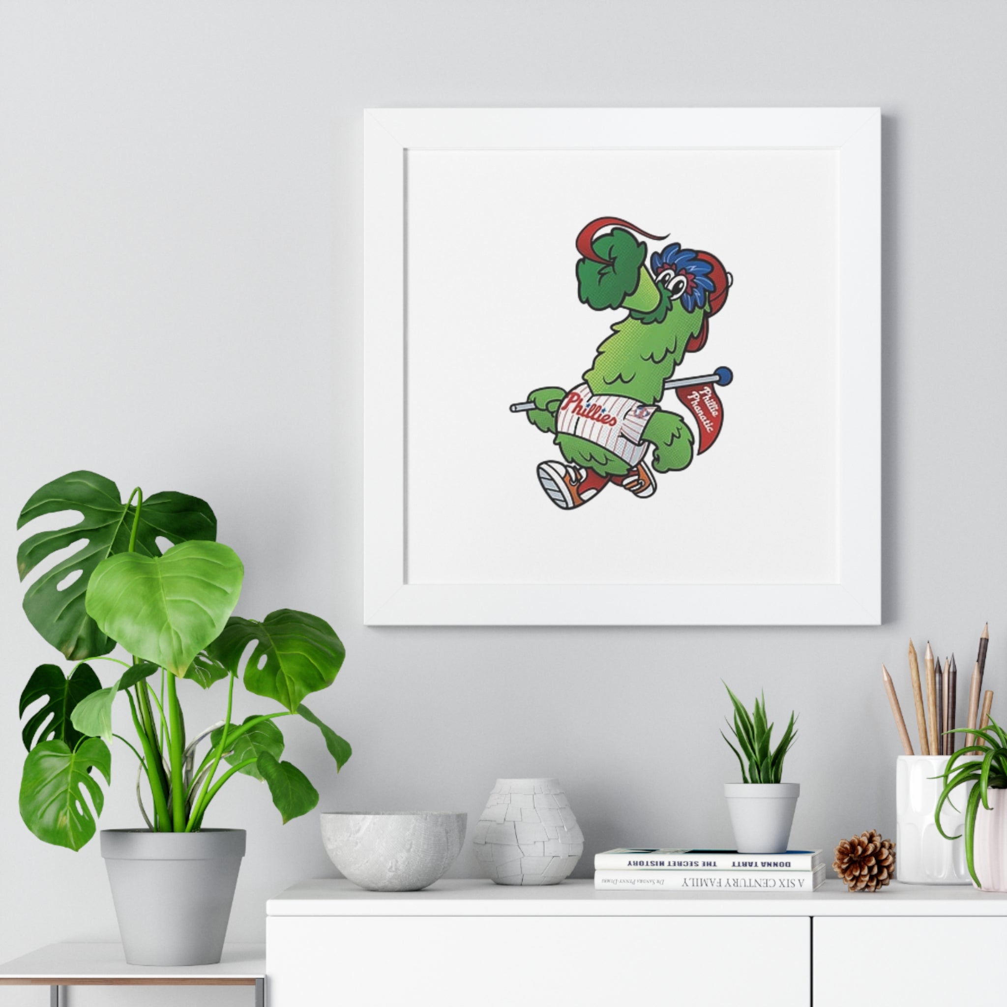 Philly fans Framed Poster — Playful Green Mascot Illustration (Vertical)