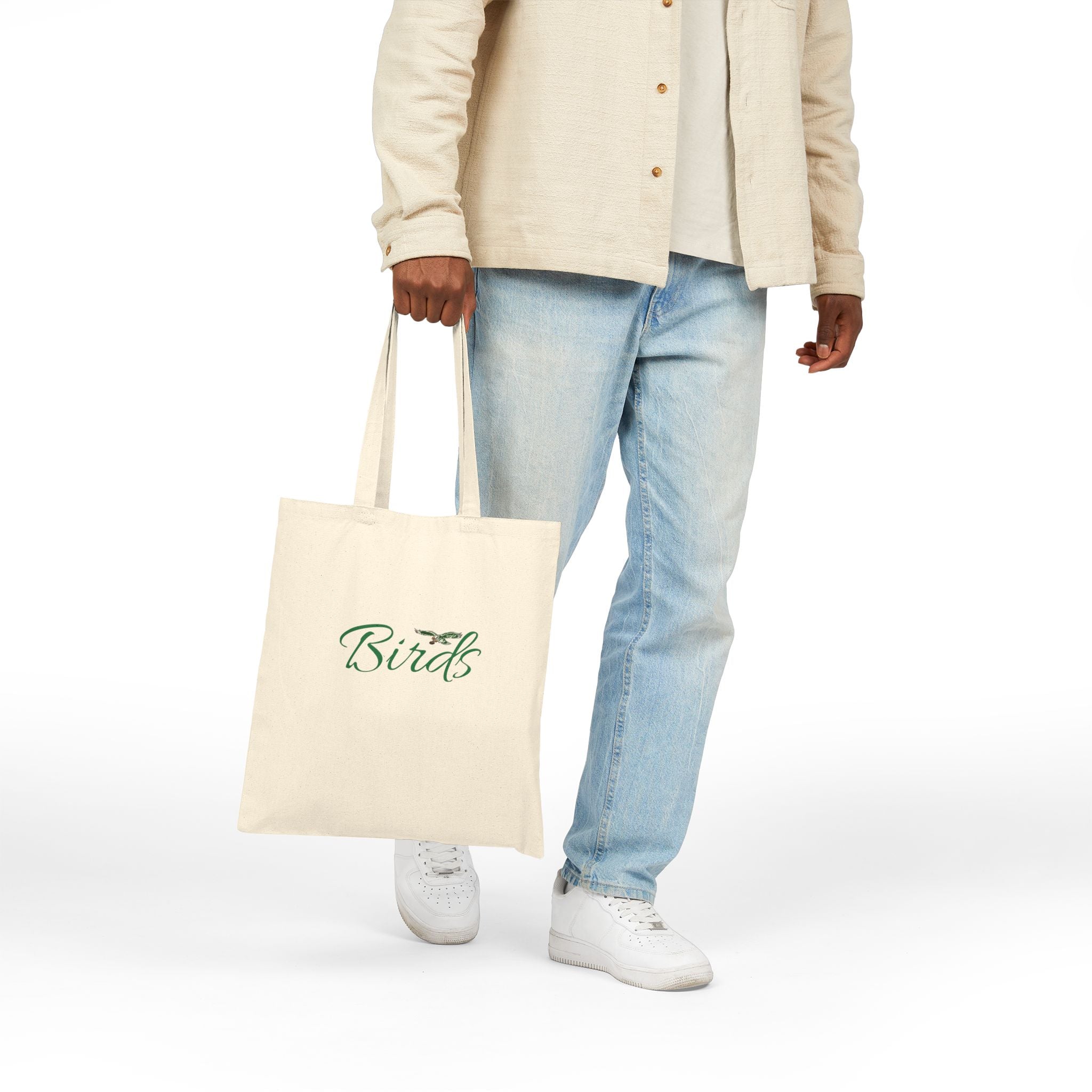 Birds Cotton Canvas Tote Bag — Lightweight Eco-Friendly Shopper with Green Script Design