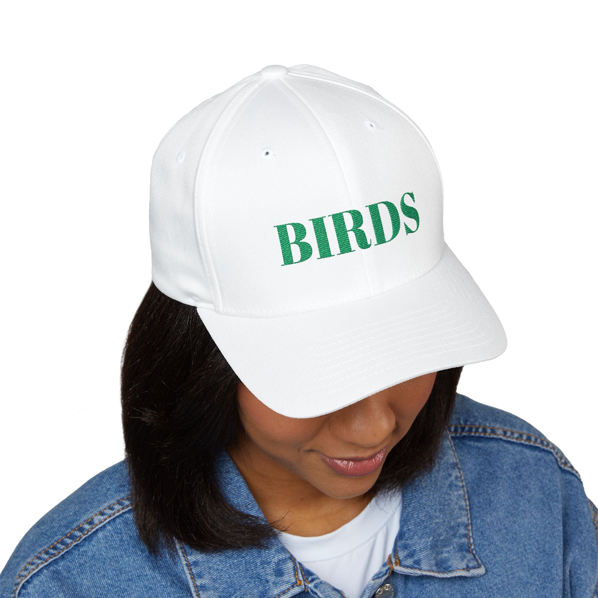 BIRDS Embroidered Baseball Cap — Classic Green Script Closed-Back Hat