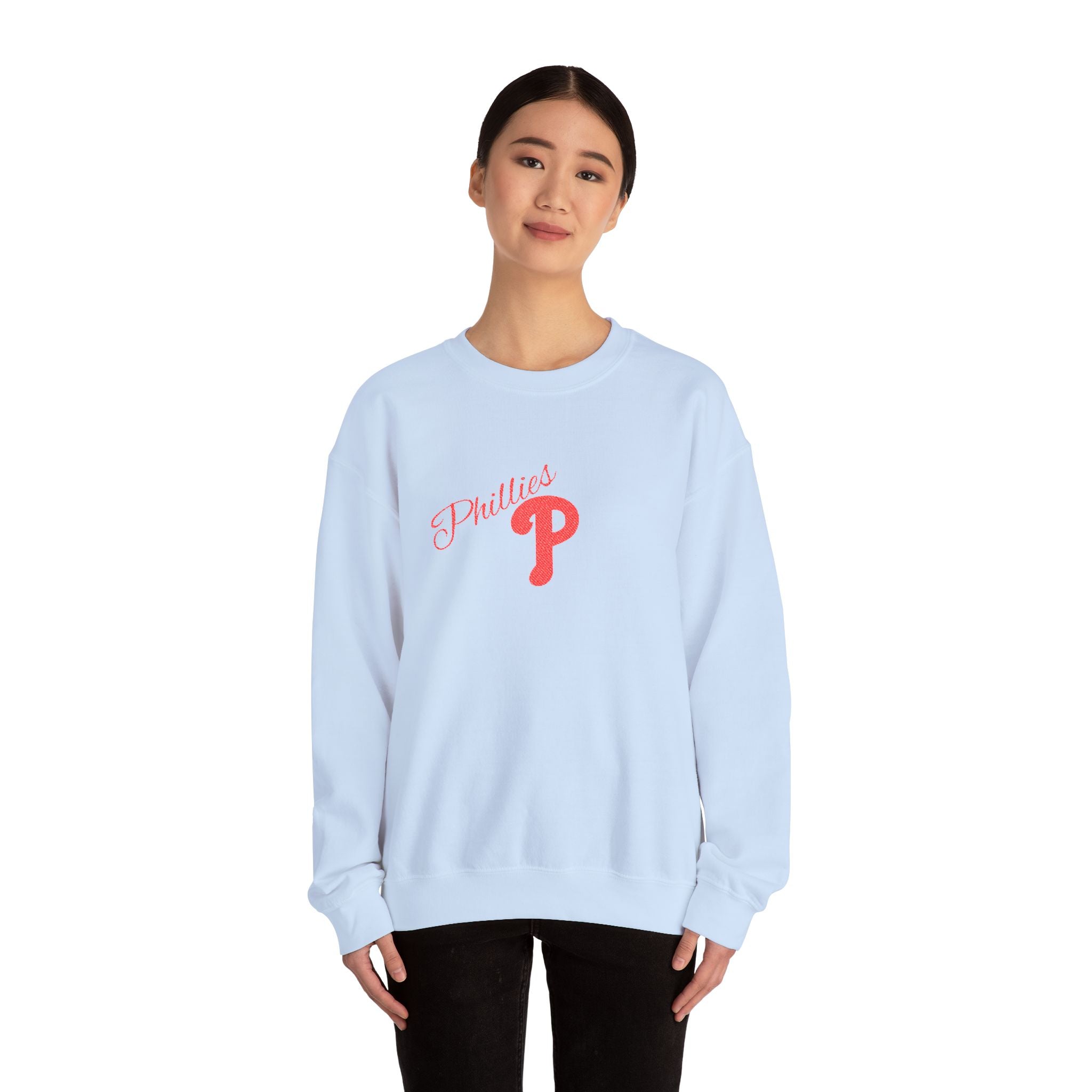 Phillies P Crewneck Sweatshirt — Red Script Logo Baseball Fan Pullover