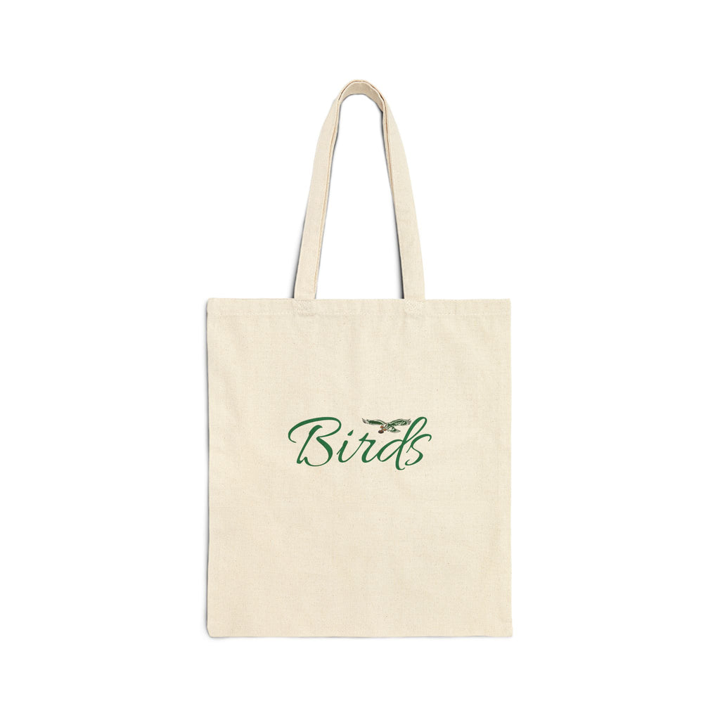 Birds Cotton Canvas Tote Bag — Lightweight Eco-Friendly Shopper with Green Script Design