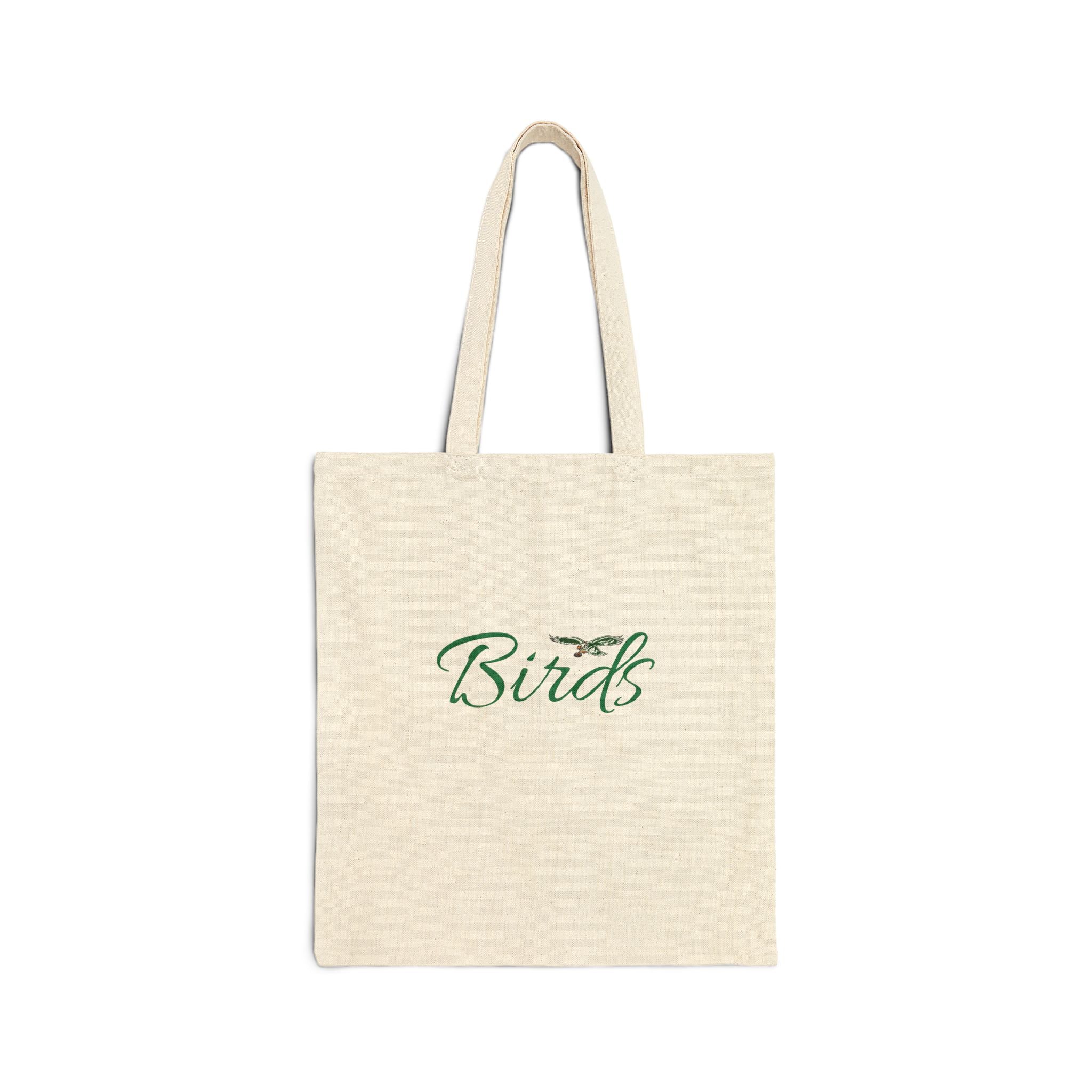 Birds Cotton Canvas Tote Bag — Lightweight Eco-Friendly Shopper with Green Script Design