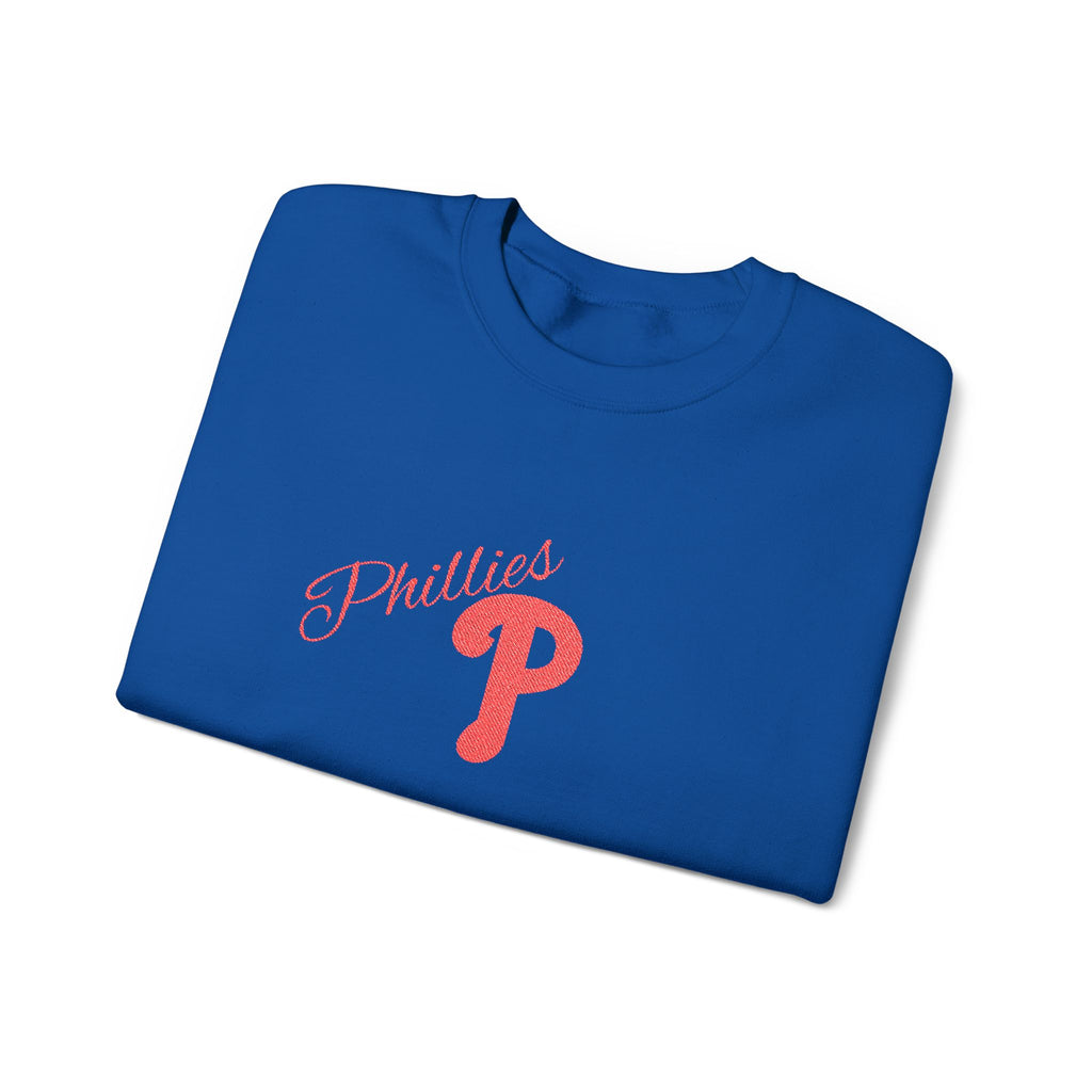 Phillies P Crewneck Sweatshirt — Red Script Logo Baseball Fan Pullover