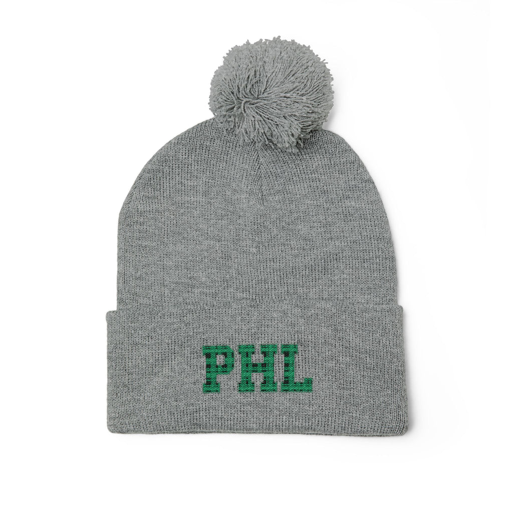 PHL Embroidered Pom-Pom Knit Cap — Cozy Gray Beanie for Sports Fans & Winter Wear