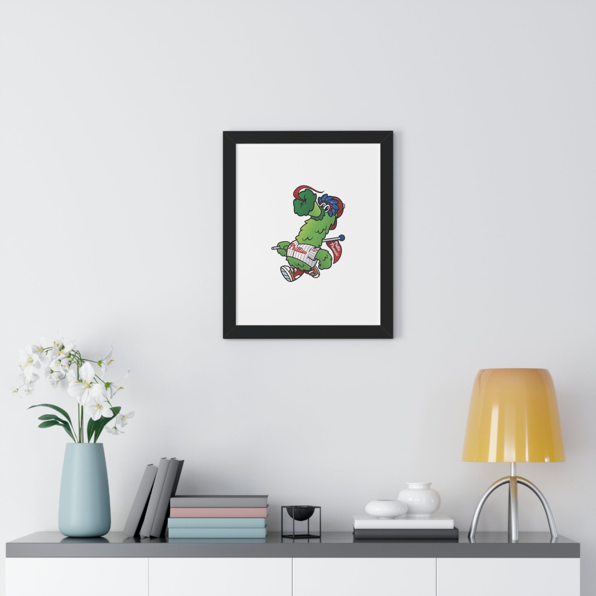 Philly fans Framed Poster — Playful Green Mascot Illustration (Vertical)