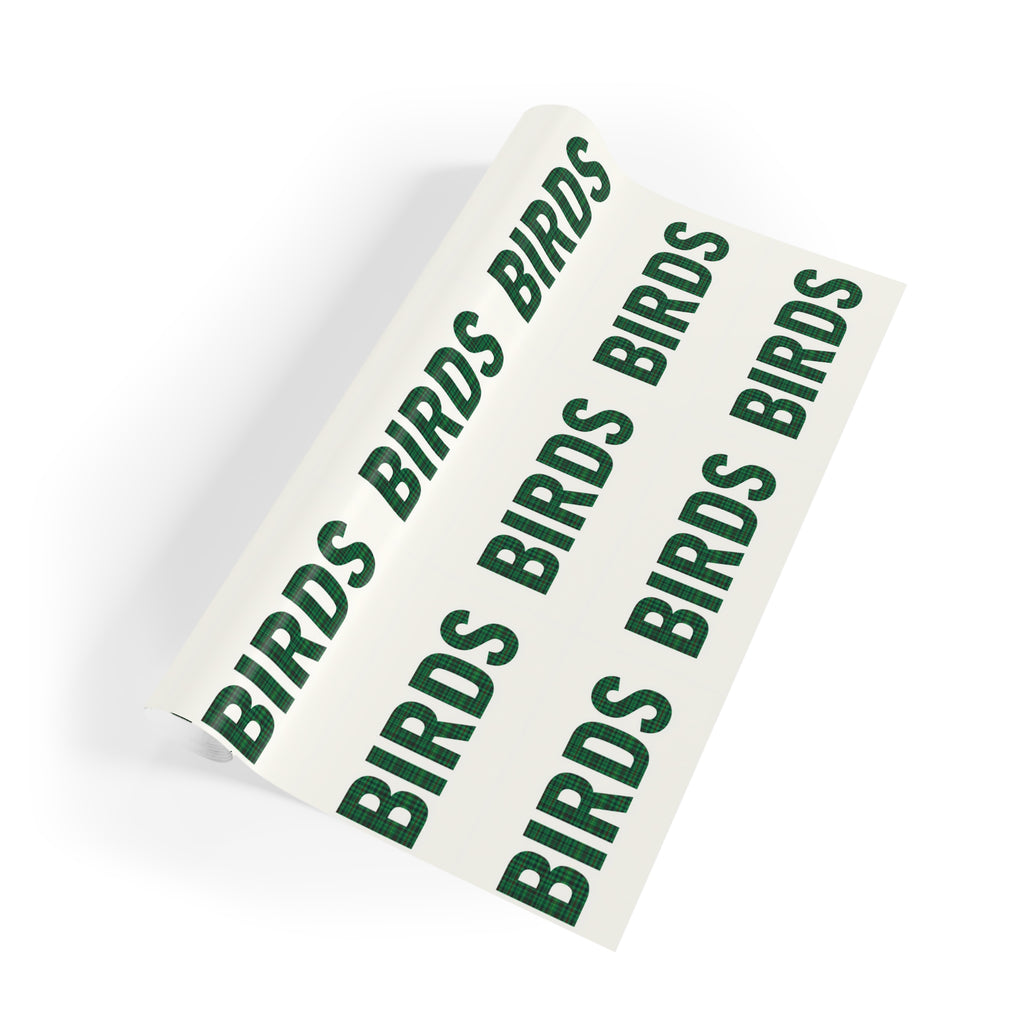 Birds Pattern Wrapping Paper Roll — Green "BIRDS" Typography Gift Wrap