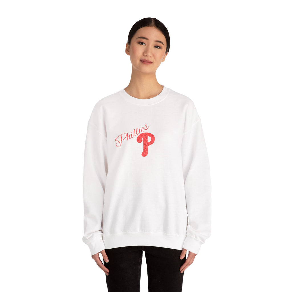 Phillies P Crewneck Sweatshirt — Red Script Logo Baseball Fan Pullover