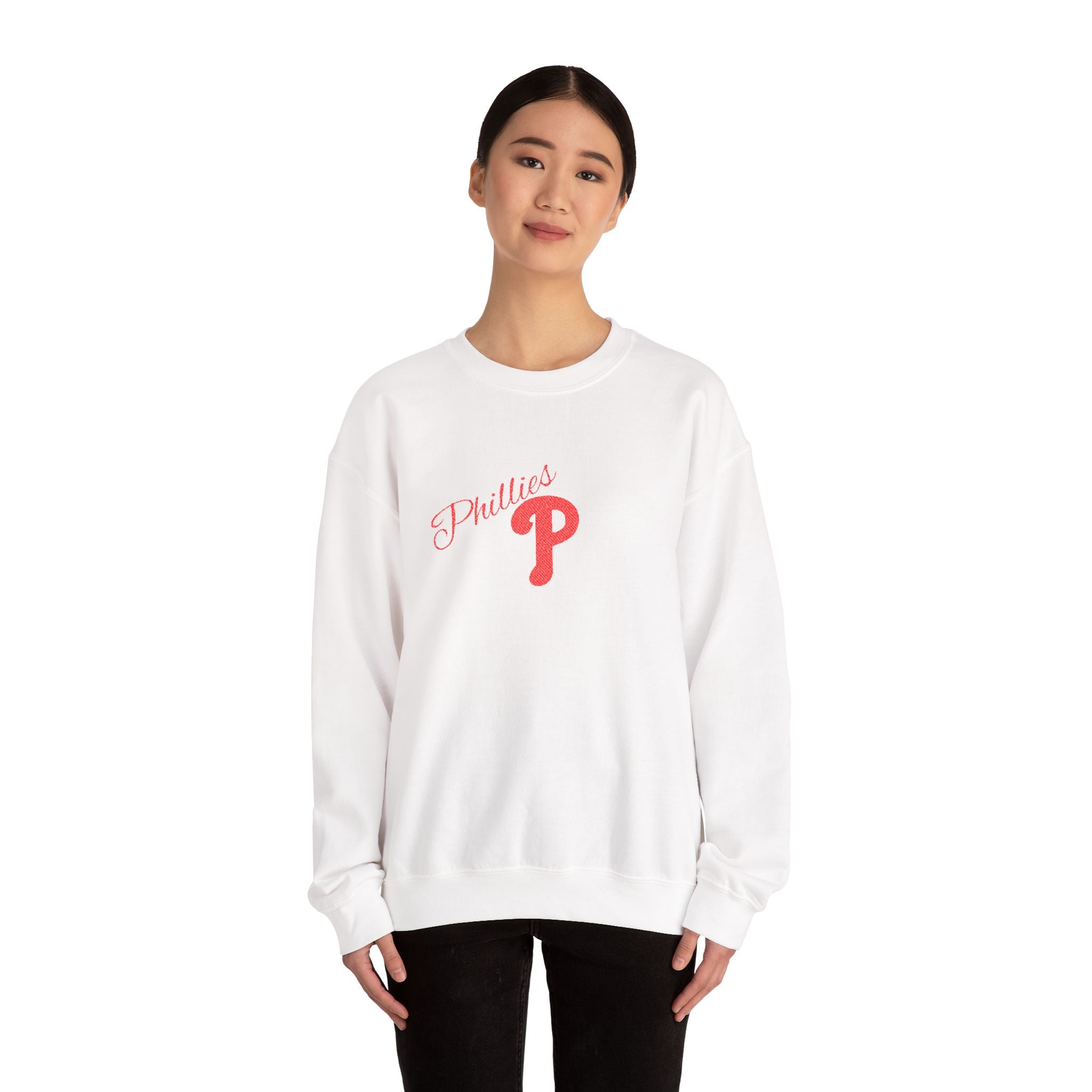 Phillies P Crewneck Sweatshirt — Red Script Logo Baseball Fan Pullover