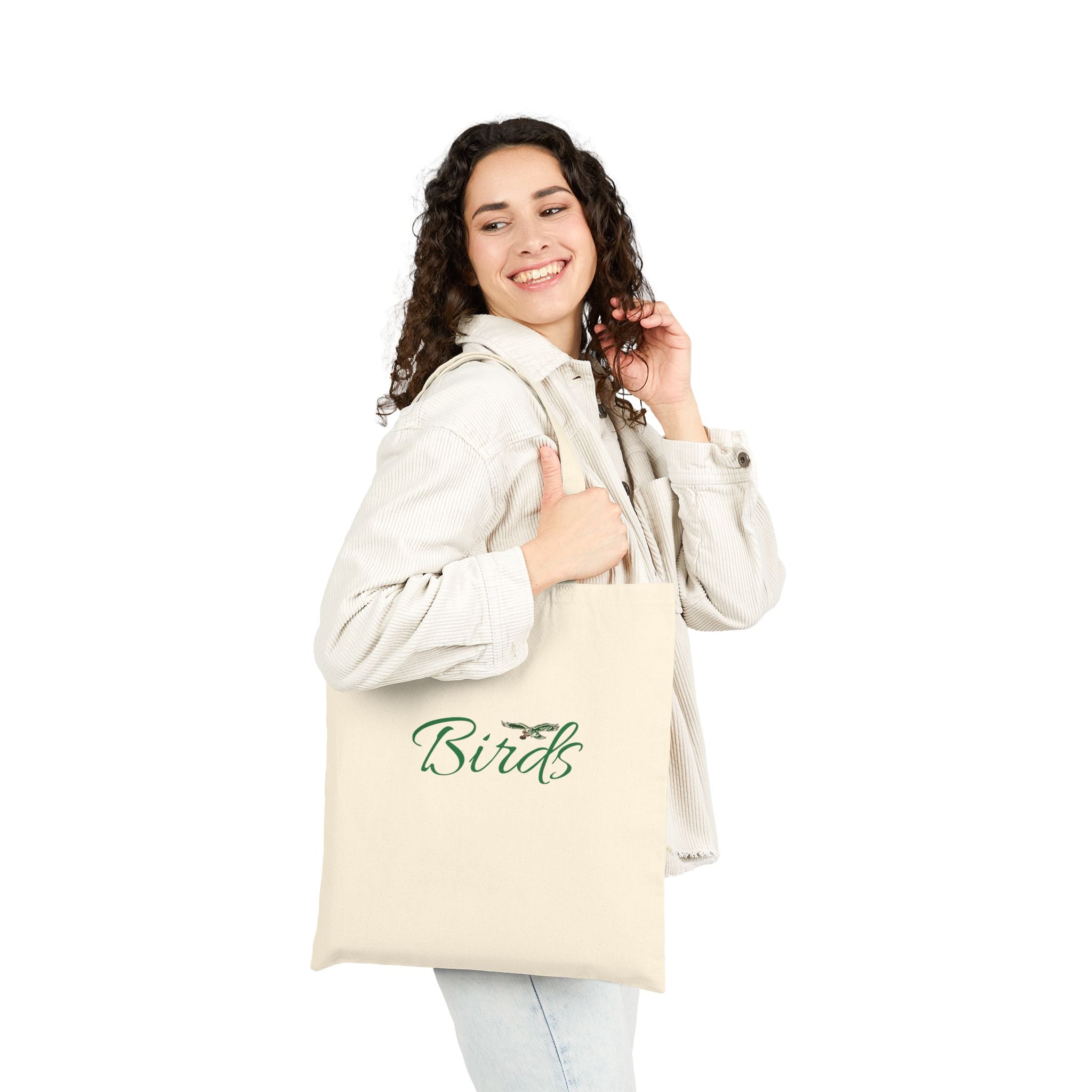 Birds Cotton Canvas Tote Bag — Lightweight Eco-Friendly Shopper with Green Script Design