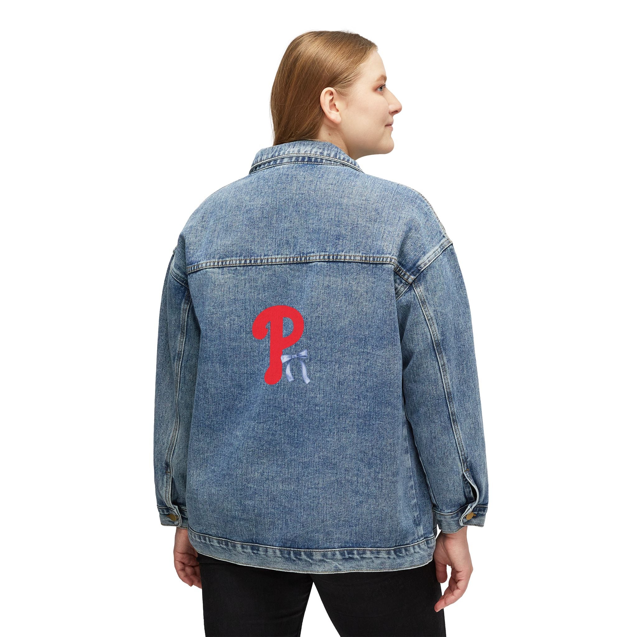 Women's Phils Denim Jacket — Red 'P' Back Logo and blue bow Casual Trucker Jacket