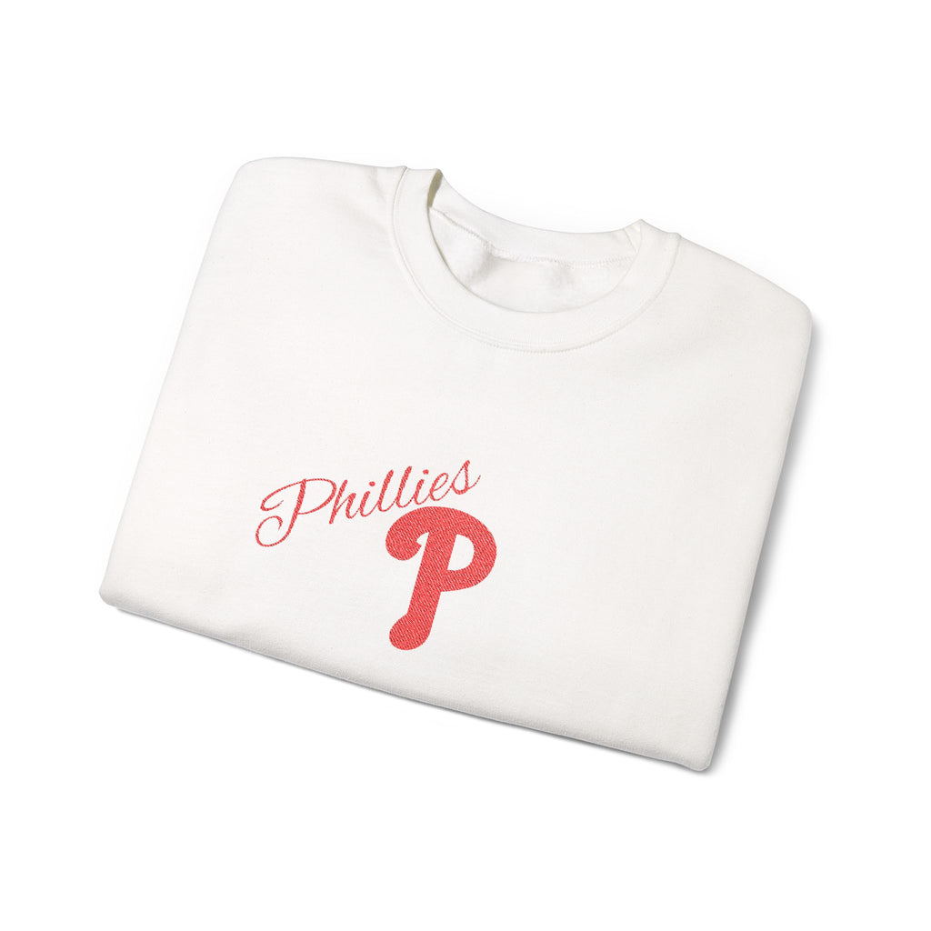 Phillies P Crewneck Sweatshirt — Red Script Logo Baseball Fan Pullover