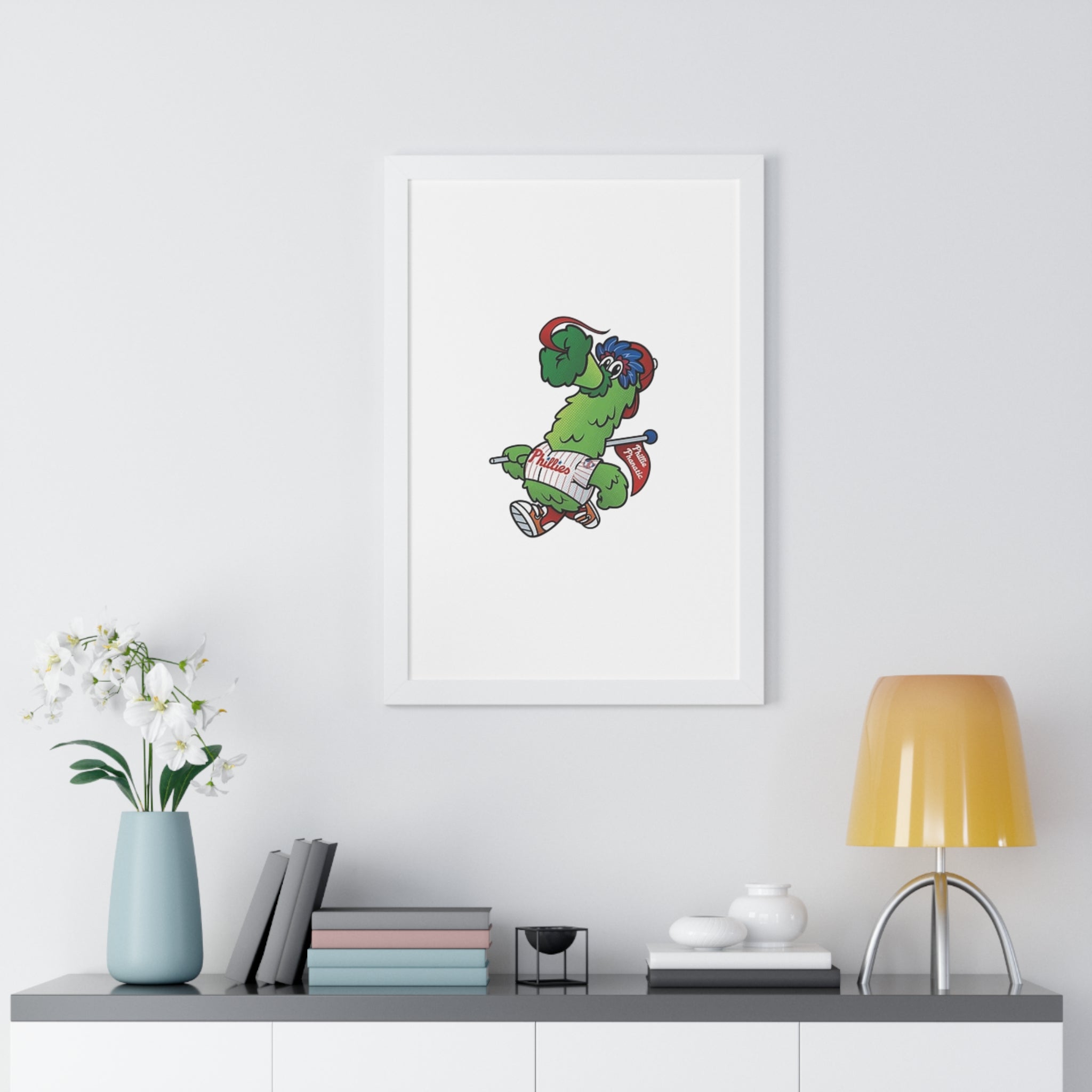 Philly fans Framed Poster — Playful Green Mascot Illustration (Vertical)